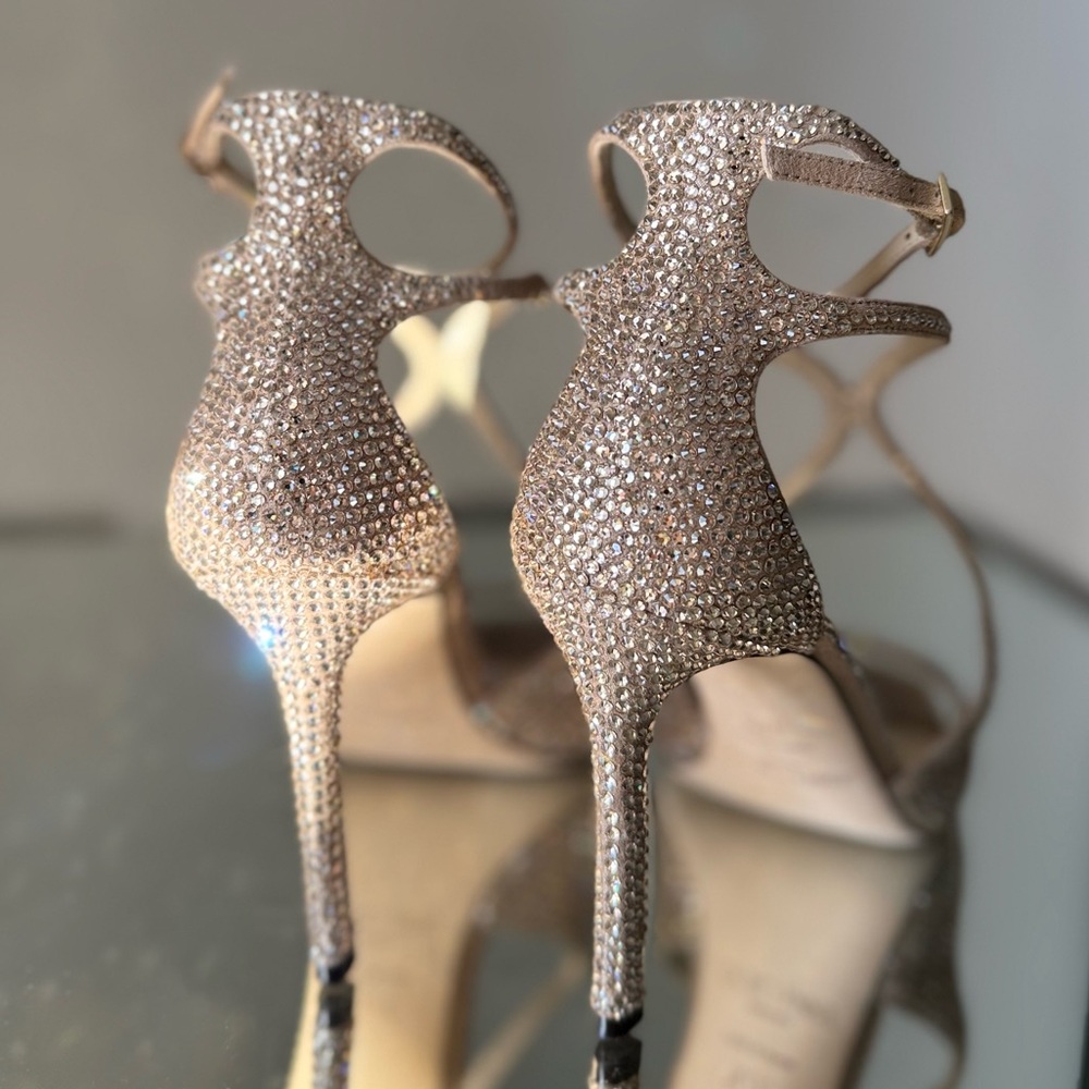 Like new JIMMY CHOO Azia 95 Honey Gold Suede Sandals with Crystals 37.5 $2,495 - Picture 11 of 17